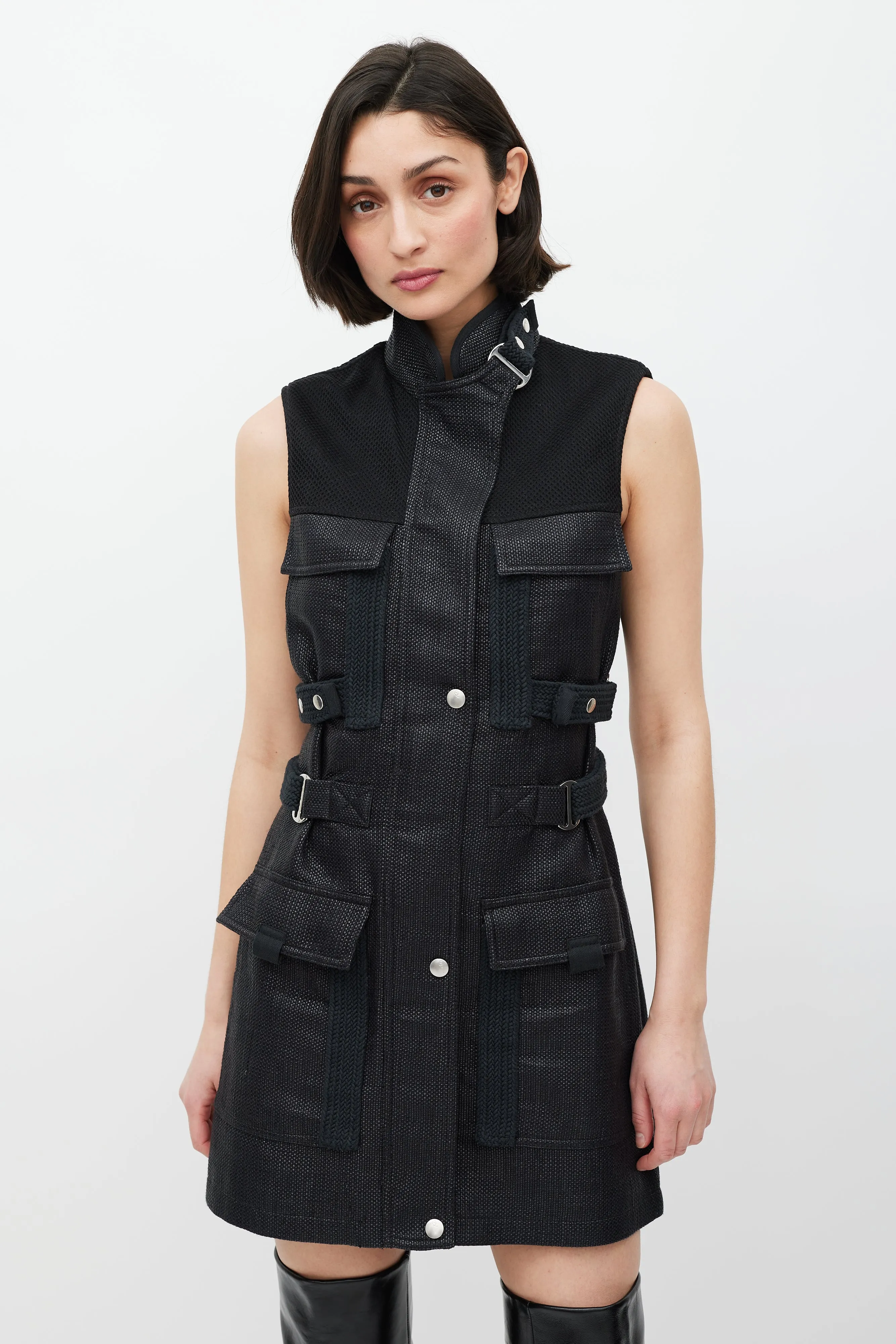 Black Woven Cargo Pocket Belted Dress