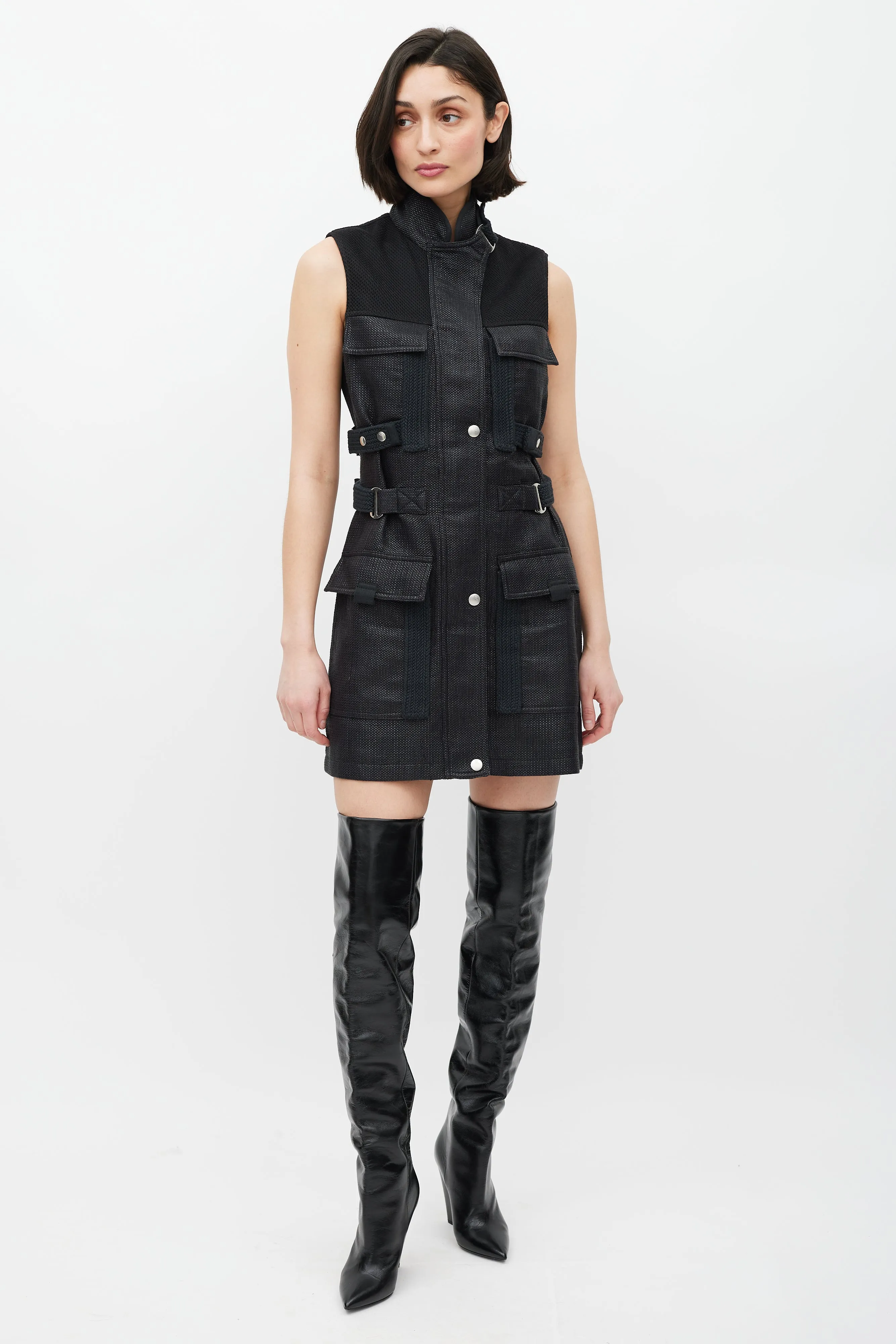 Black Woven Cargo Pocket Belted Dress