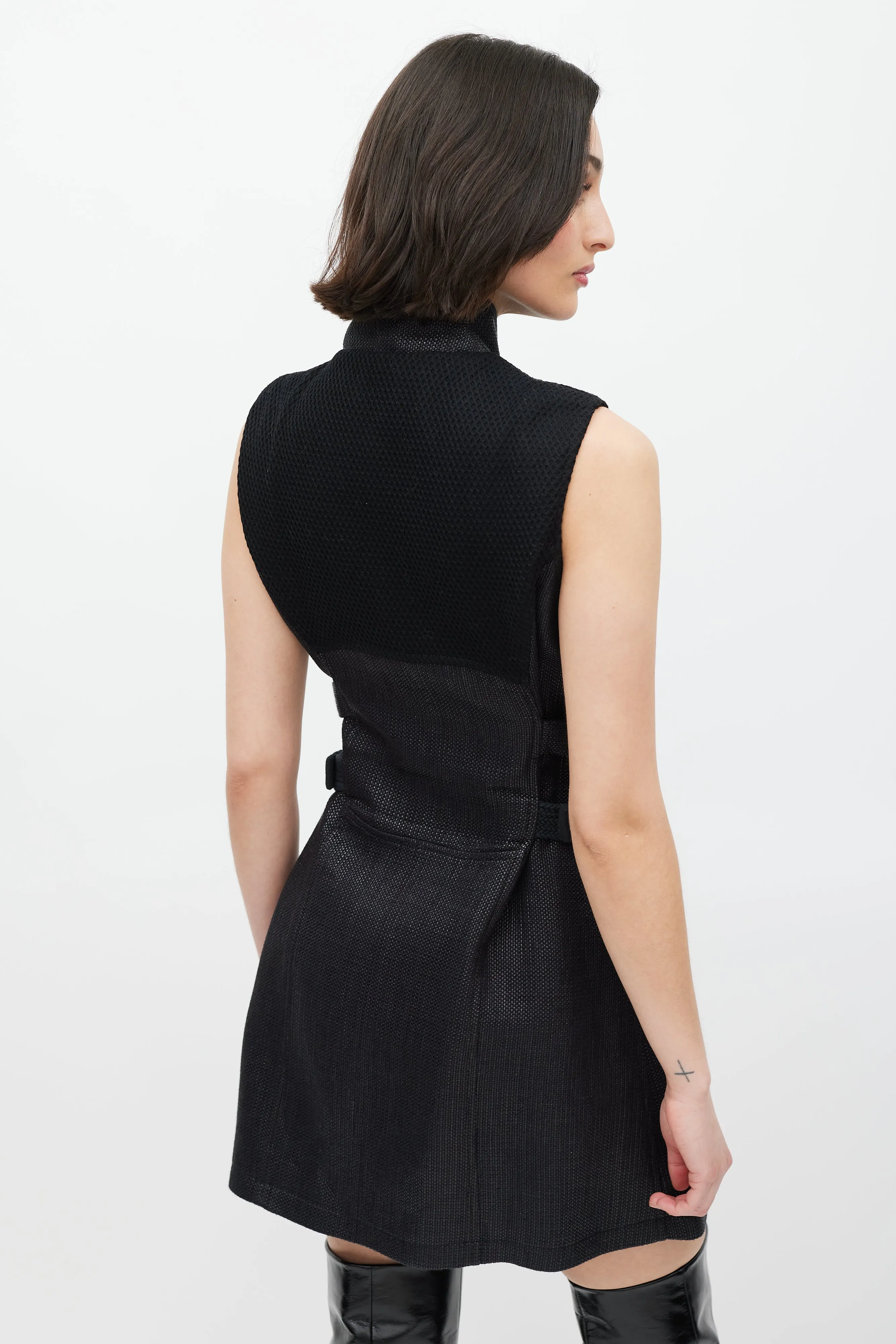 Black Woven Cargo Pocket Belted Dress