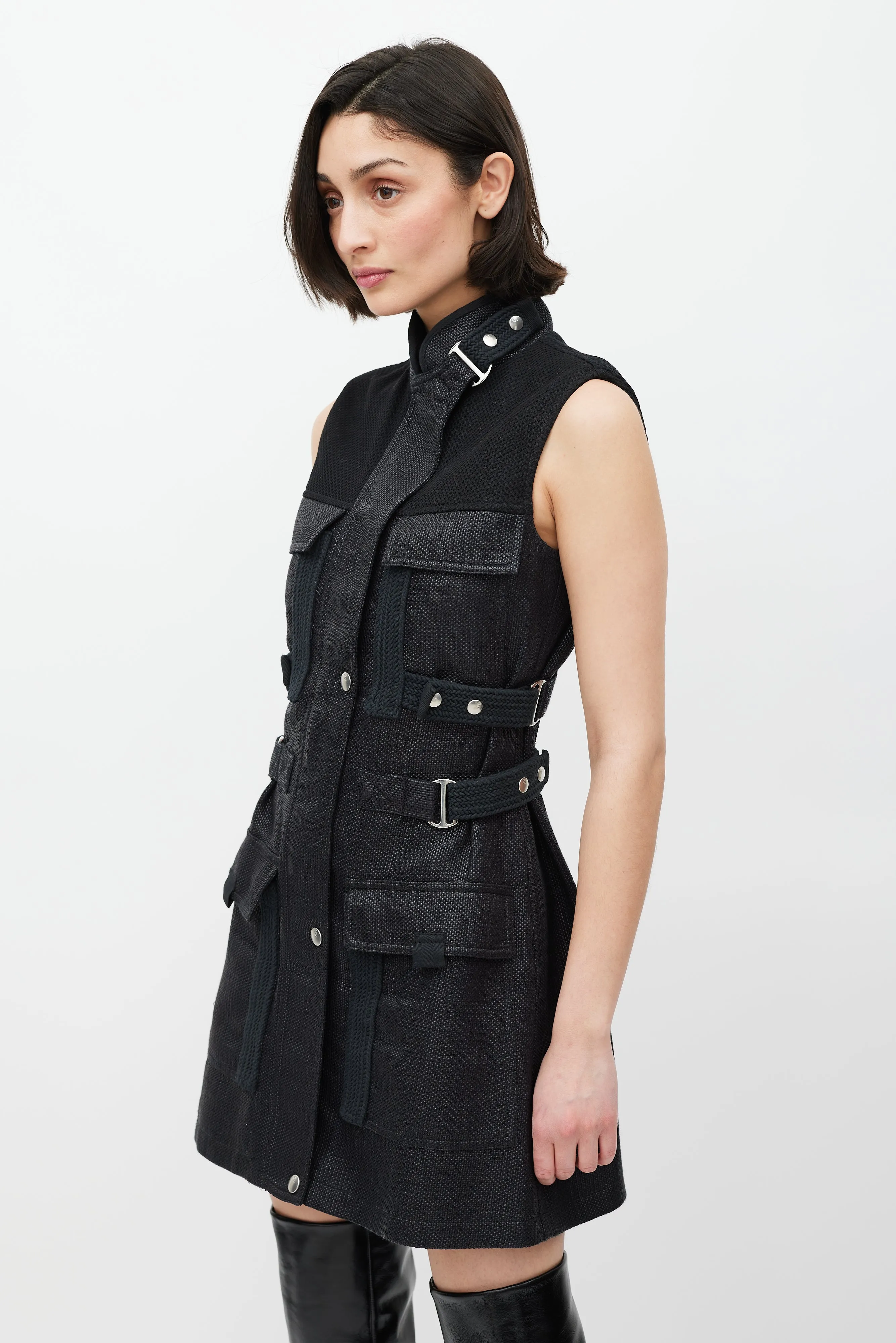 Black Woven Cargo Pocket Belted Dress
