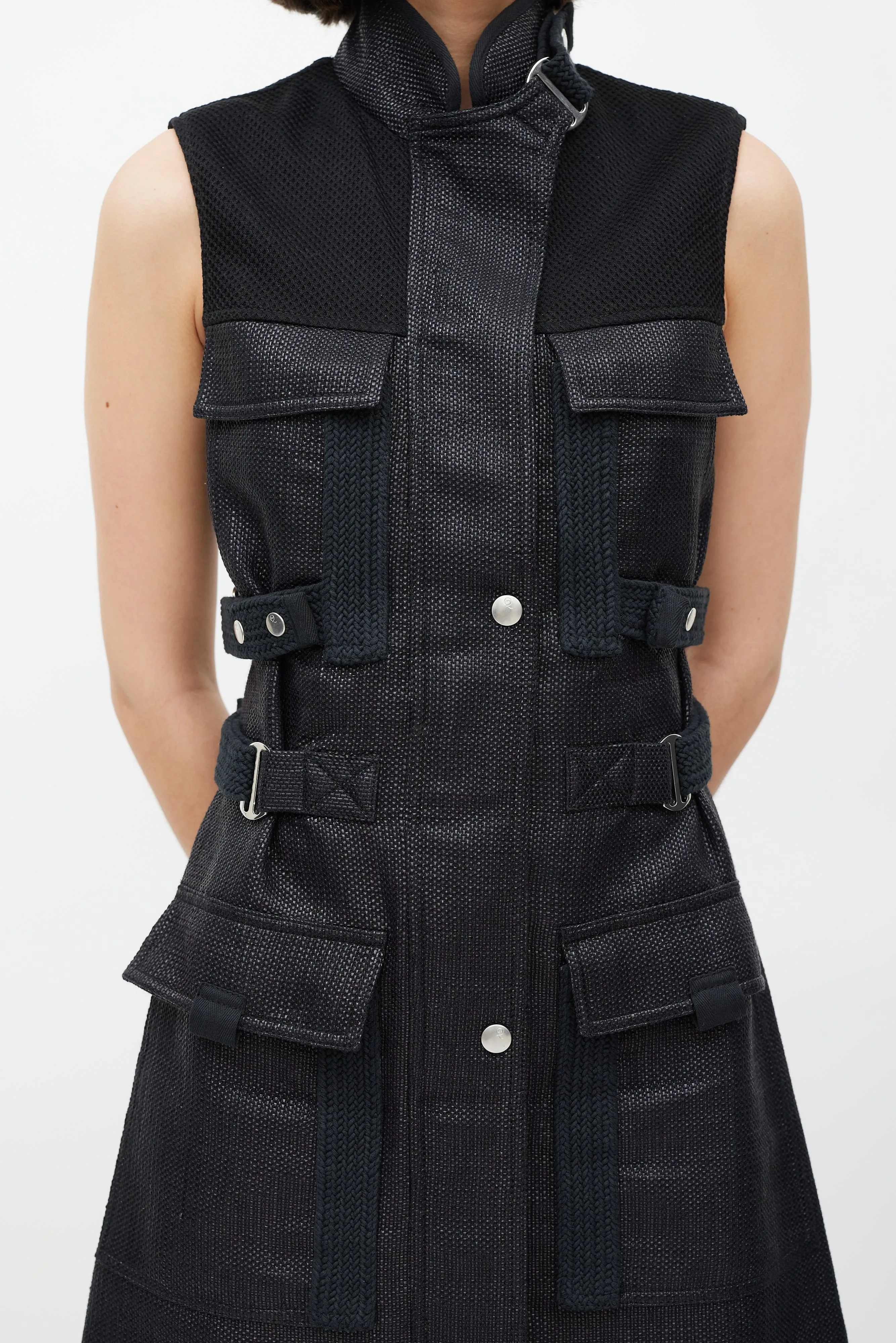 Black Woven Cargo Pocket Belted Dress