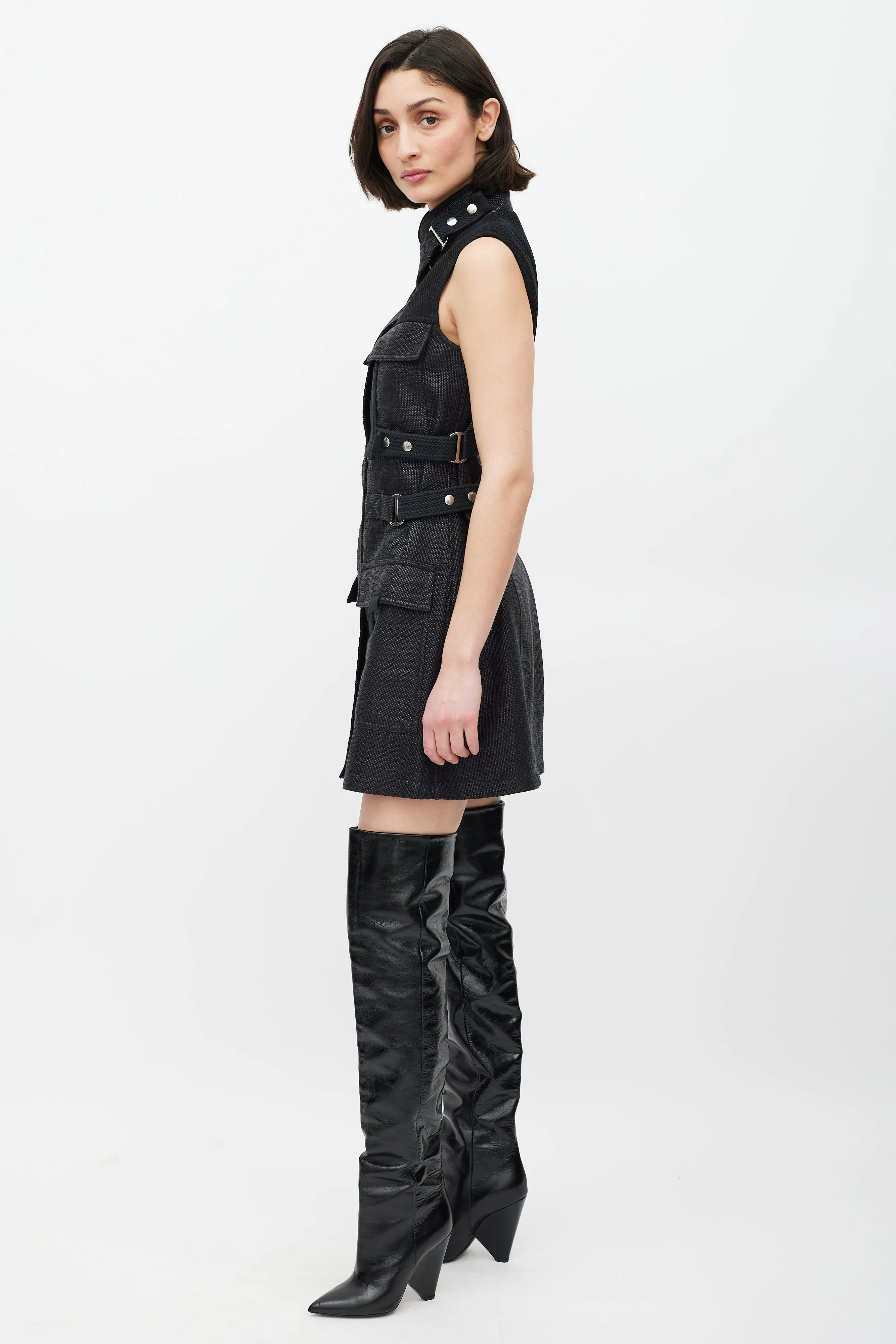 Black Woven Cargo Pocket Belted Dress