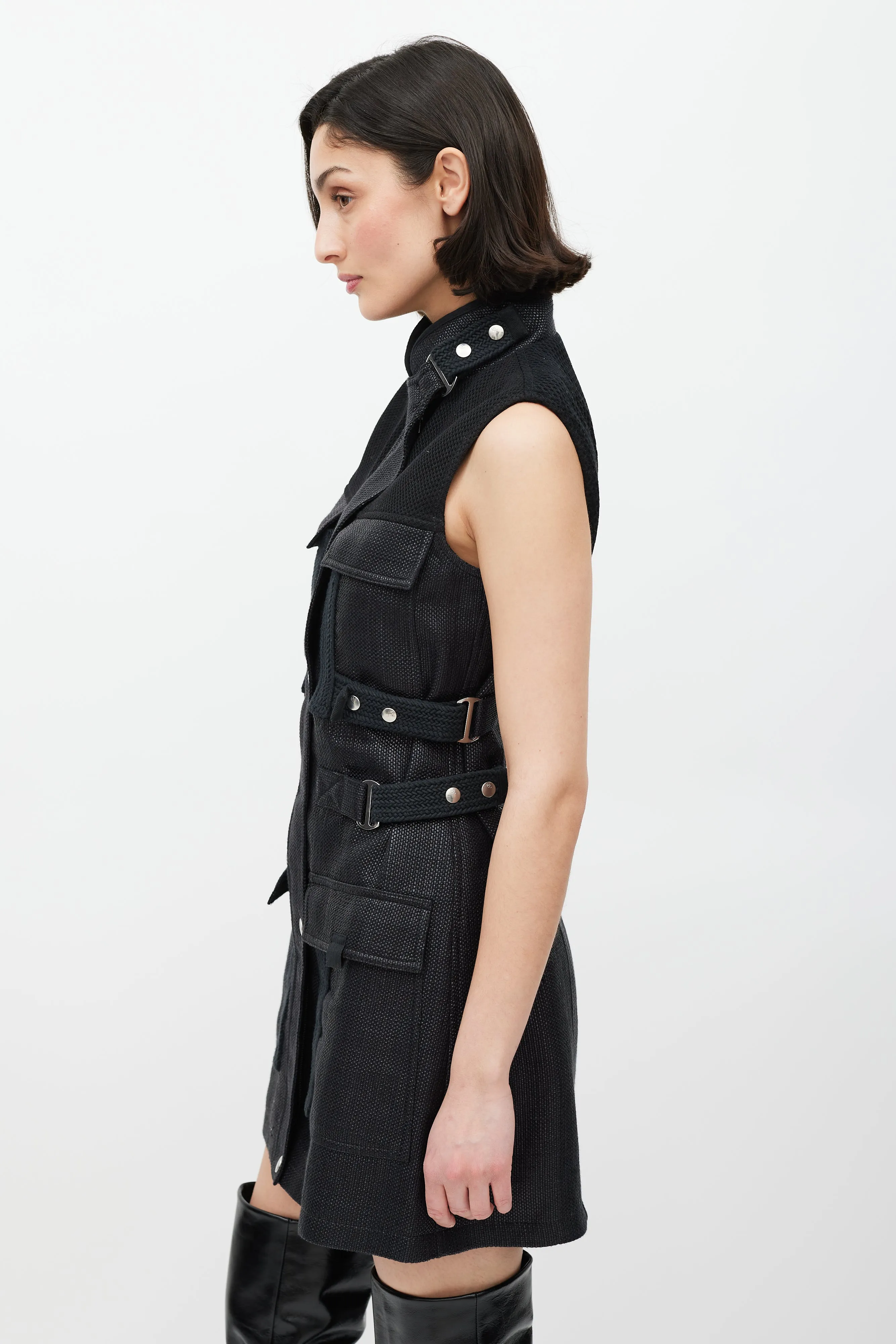 Black Woven Cargo Pocket Belted Dress