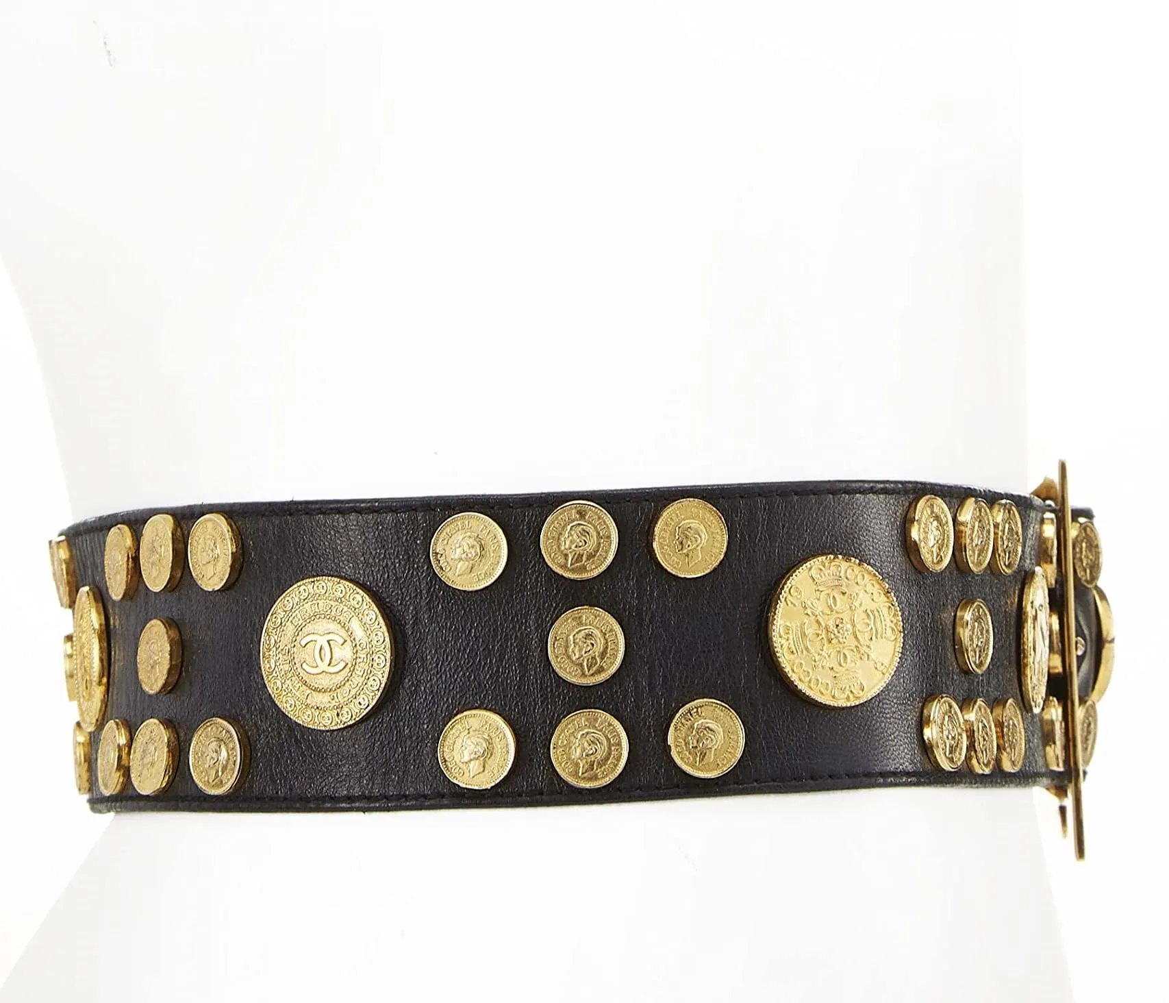 Chanel,  Black Coin Embellished Leather Belt 70, Black