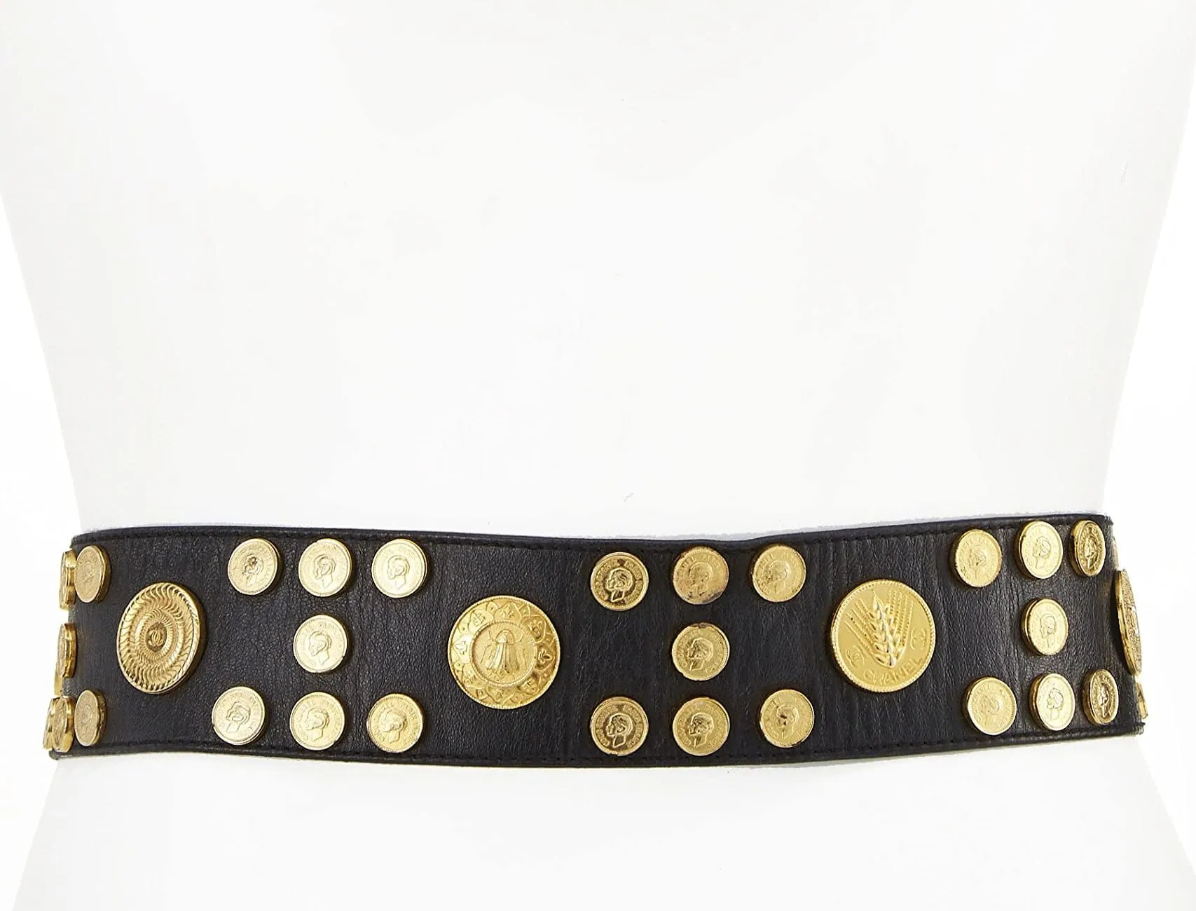 Chanel,  Black Coin Embellished Leather Belt 70, Black