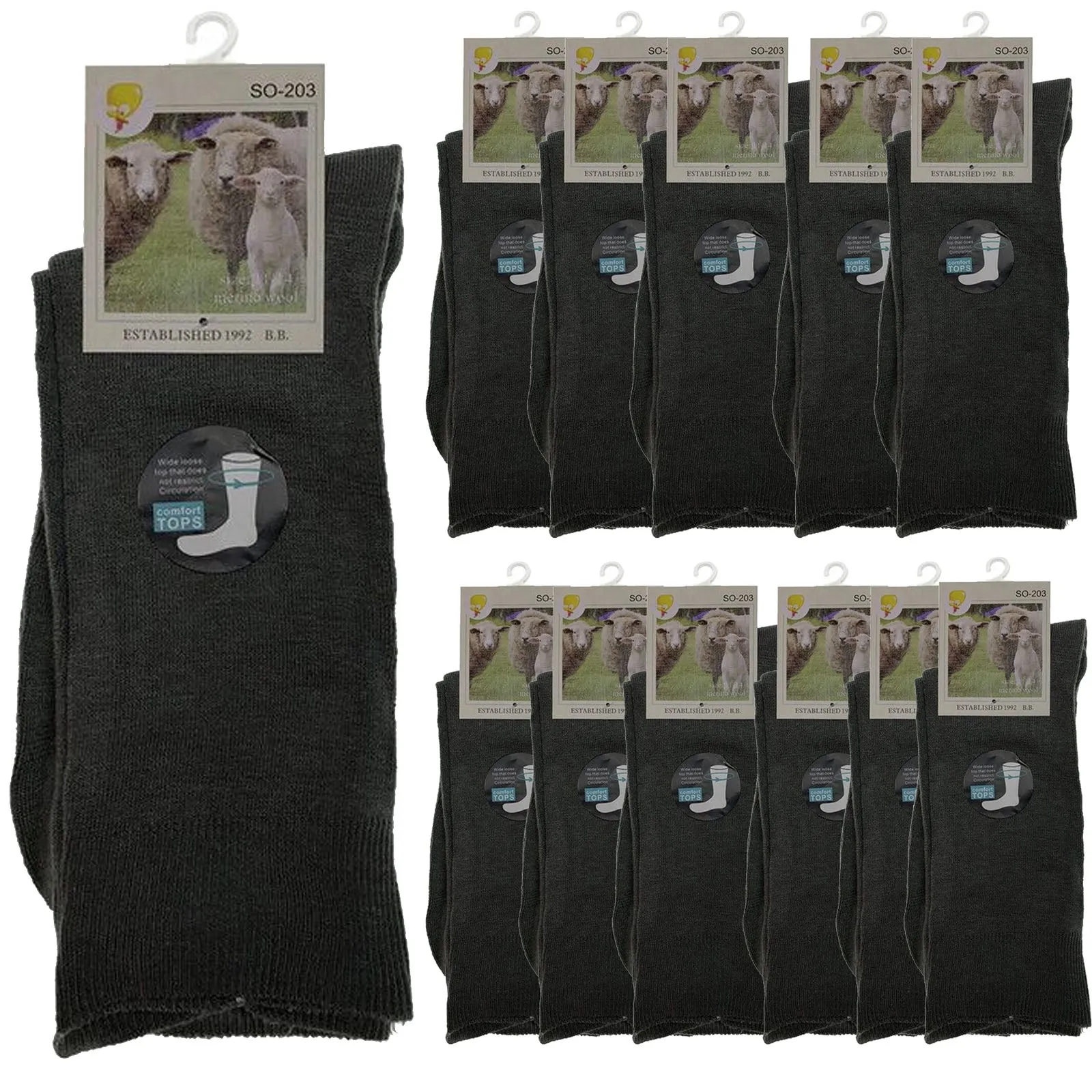 Merino Wool Mens Loose Top Thermal Socks Diabetic Comfort Circulation - 12 Pairs