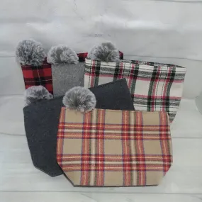 Plaid Pouch with Faux Fur PomPom