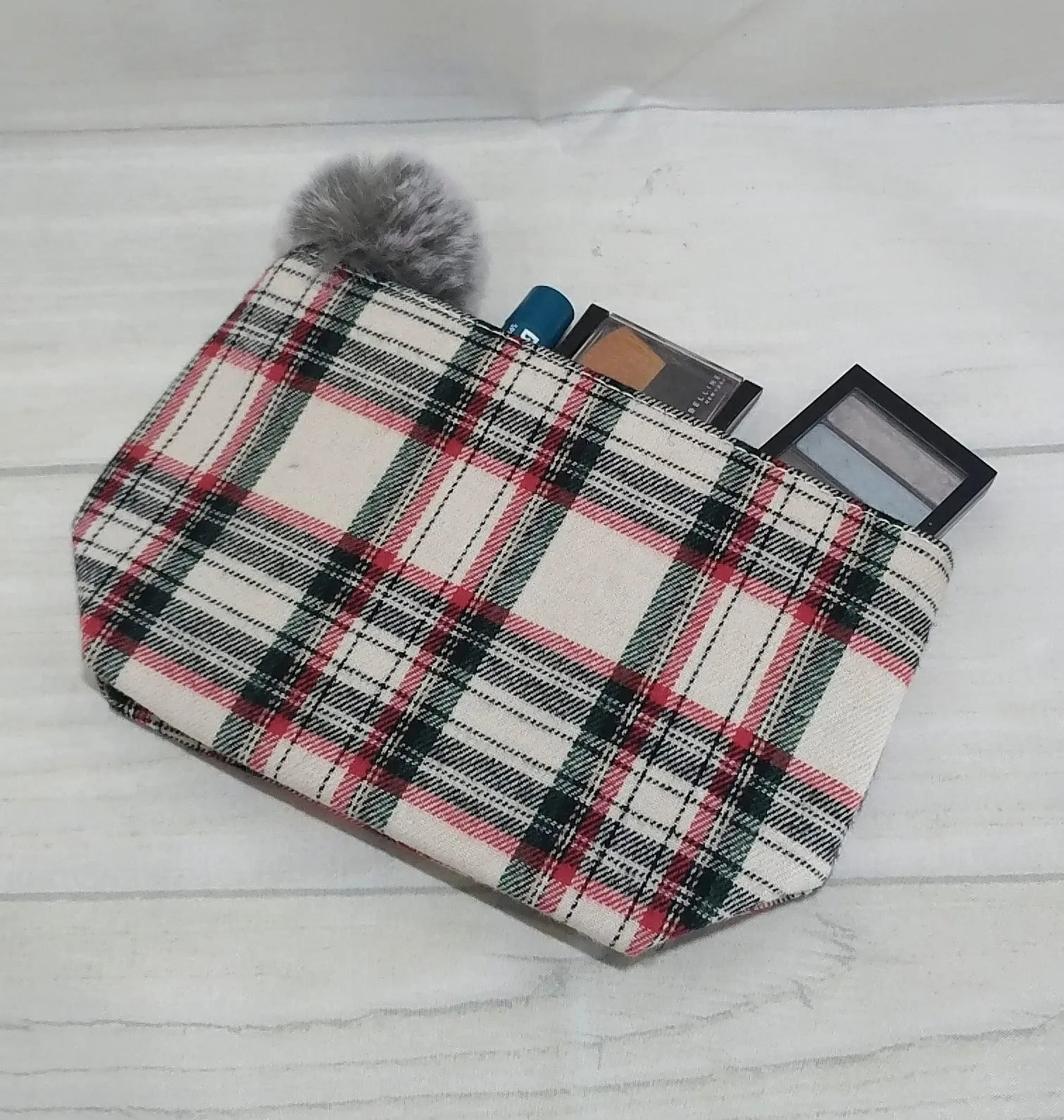 Plaid Pouch with Faux Fur PomPom