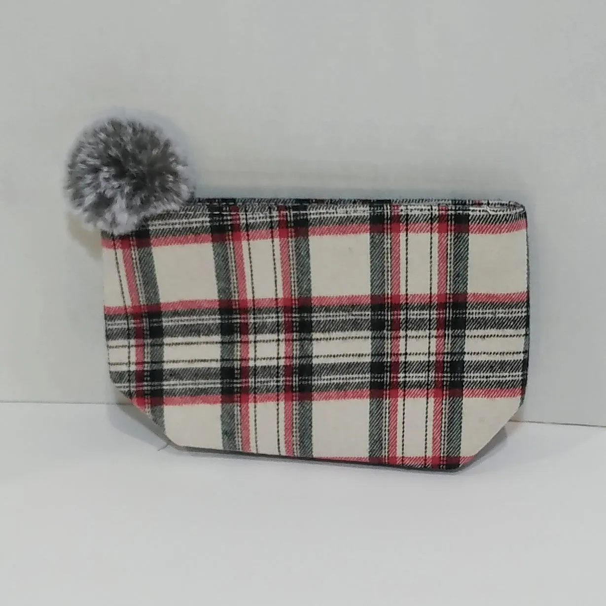 Plaid Pouch with Faux Fur PomPom