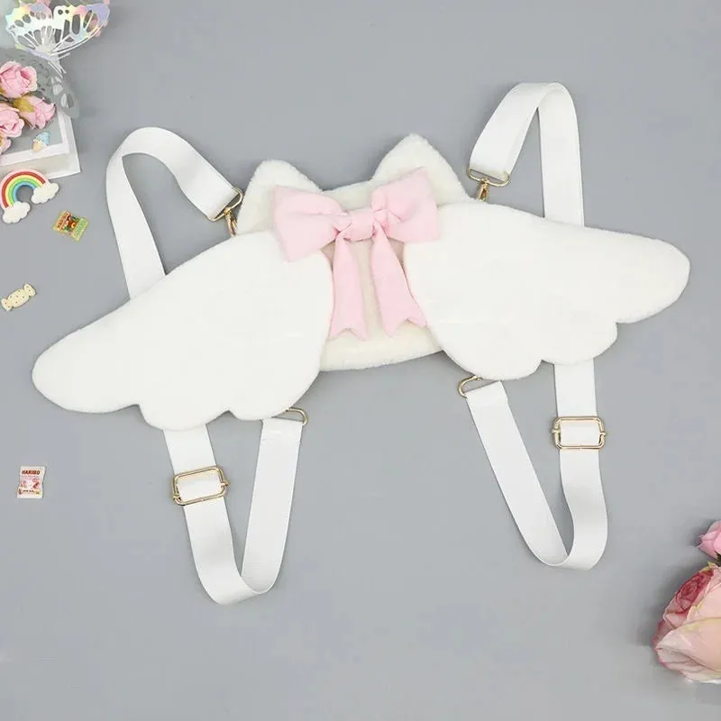 Uakiss Angel Cartoon Harajuku Backpacks Girls Devil Bat Wing Decor Hip Hop Plush Bags Bowknots Kawaii Lolita Cosplay Bags Japanese Bags