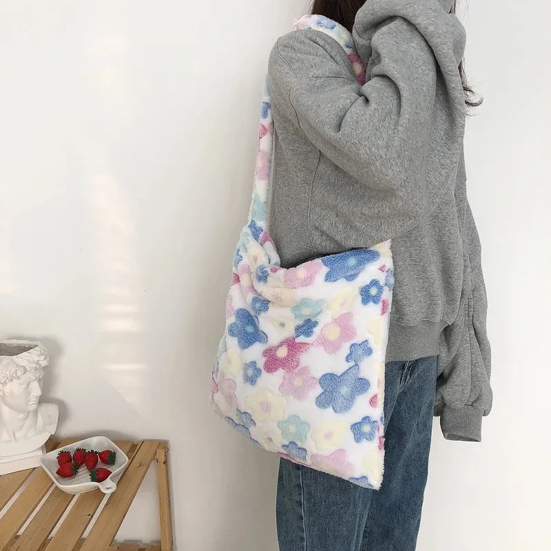 UAKISS  -  Print Bags for Women Soft Plush Shoulder Bags Female Large Capacity Messenger Bag Winter Warm Fluffy Adjustable Shoulder Straps