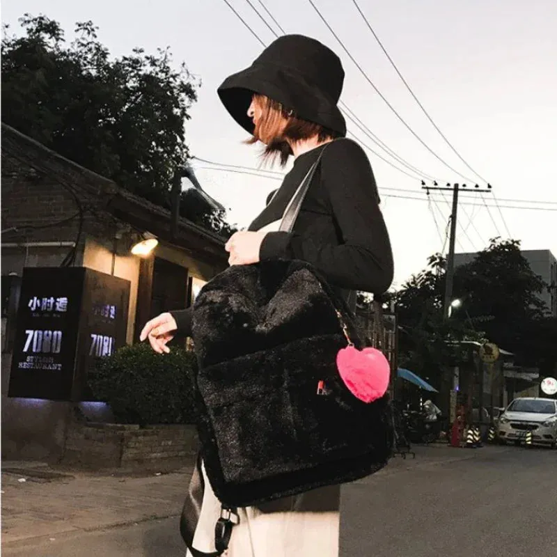 UAKISS  -  Streetwear Sweet Preppy Girls Schoolbags Student Japanese Y2k Aesthetic Kawaii Backpacks Casual Fluffy Cute Heart Bags for Women